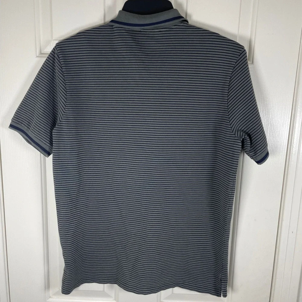 Prada Mens Grey Navy Striped Ribbed Collar Polo Shirt Medium Tipped Pique EUC